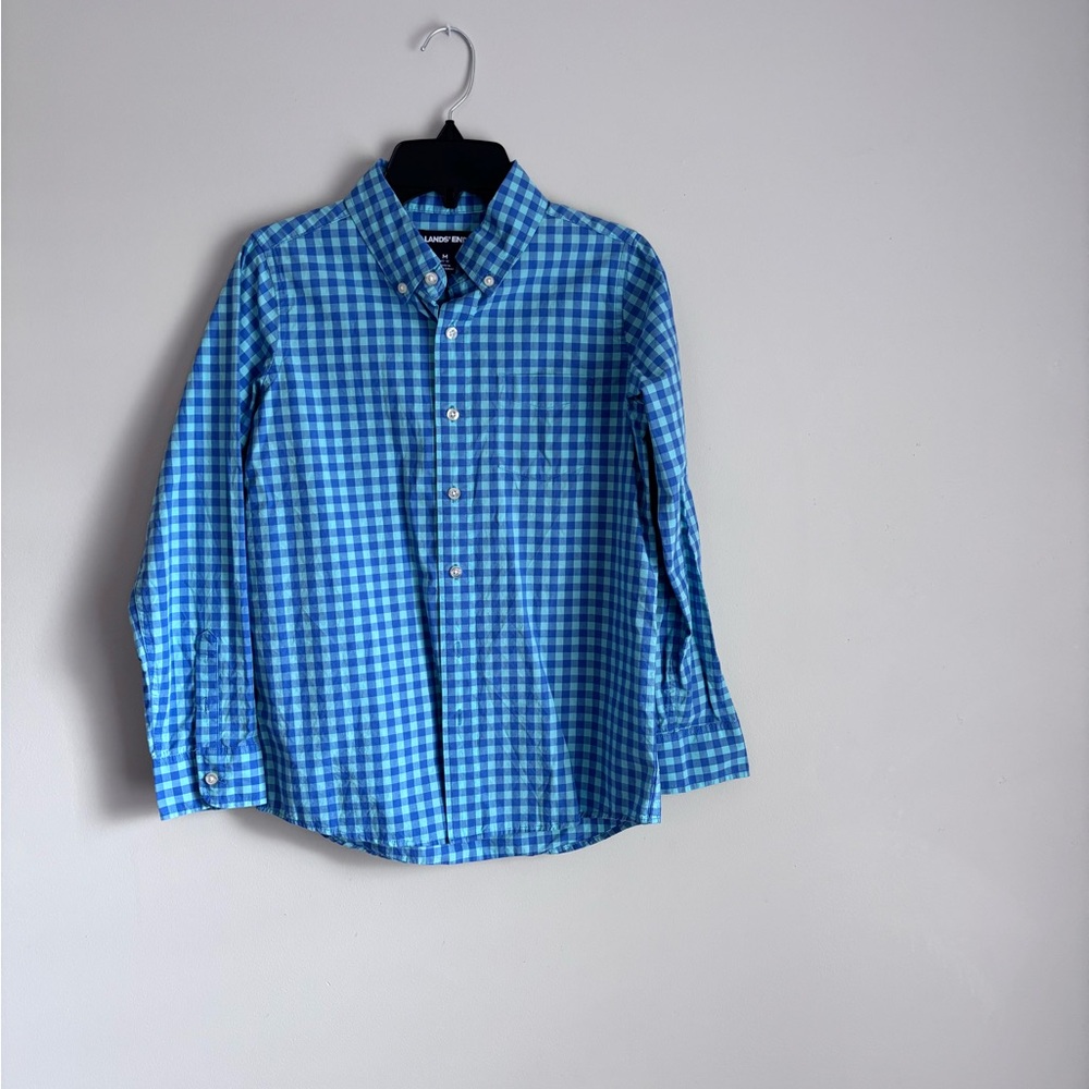 Lands Ends Boys Button Down Green and Blue check - size M 10-12